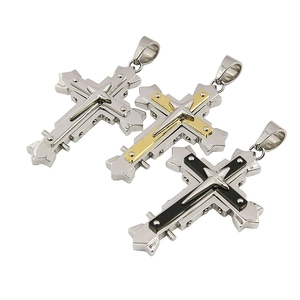 Three men's stainless steel cross pendants in silver, gold, and black colors