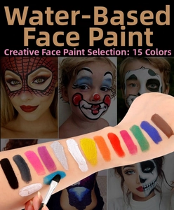 Detailed swatches of 15-color water-based face paint kit with creative makeup examples