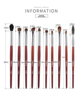 Detailed size chart for 10pcs pony hair eyeshadow brush set with wood handles