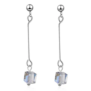 Elegant Copper Long Drop Earrings For Women Artificial Crystal Square Pendant Geometric Dangle Jewelry Gift