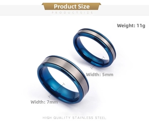 Detailed view of high quality blue and silver stainless steel couple rings in 5mm and 7mm