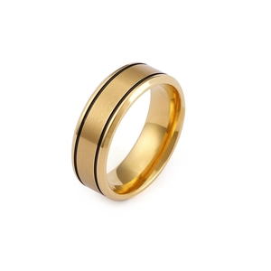 Golden stainless steel couple ring with brushed sand finish and parallel black lines