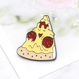 Detailed close-up of a pizza slice enamel pin with red pepperoni and yellow cheese detail
