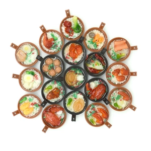 Top view of creative 3D miniature clay pot food pendants with realistic food textures