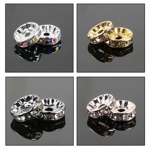 Flat spacer beads in silver, gold, and rose gold with rhinestones for DIY jewelry making