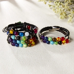 Handmade seven chakra natural stone bead energy bracelet with woven black leather and magnetic clasp