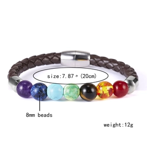Detail of 7 chakra stone bracelet with magnetic clasp and 8mm beads on brown leather