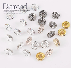Detailed view of assorted crystal rondelle beads in gold and silver plating for DIY jewelry