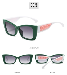 Three views of cat-eye sunglasses with green frames and red cracked texture temples