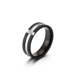 Modern two-tone stainless steel ring with brushed finish and single center diamond inlay