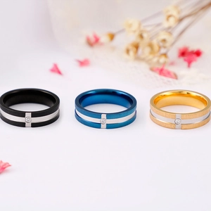 Fashionable stainless steel rings with cross design and single zircon in black blue gold