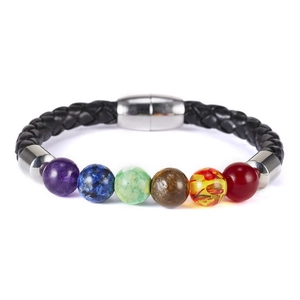 Braided leather bracelet with colorful stone beads and a silver magnetic clasp