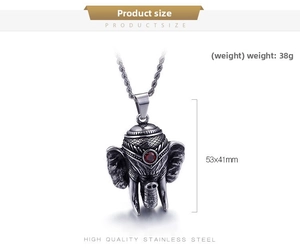 Detail view of retro elephant pendant with red gem showing 53x41mm dimensions