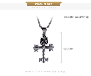 Detailed view of gothic stainless steel skull cross pendant with dimensions and weight info