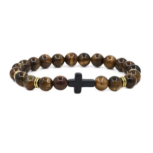 Bracciale di perline in occhio di tigre e turchese rosso con croce nera e distanziatori oro