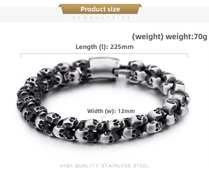 Detail of vintage skull bracelet in stainless steel, 12mm width, 225mm length and 70g weight