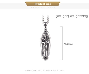 Detailed view of stainless steel Egyptian pharaoh sarcophagus pendant with measurements