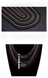 Detailed comparison of 18K gold and black stainless steel ball chains in 2.4mm and 3mm widths