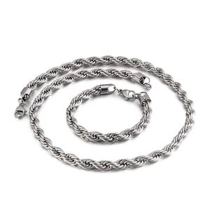 Minimalist silver braided twist chain necklace and bracelet set in stainless steel
