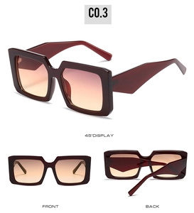 Three views of burgundy square sunglasses with thick frames and gradient lenses