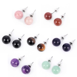 Detailed close-up of 10mm round natural stone stud earrings in seven varied mineral colors
