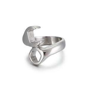 Creative wrench-shaped stainless steel ring with polished finish in industrial punk style