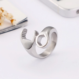 Creative silver wrench-shaped stainless steel ring with an adjustable open design