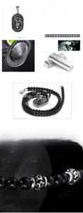 Macro shot of stainless steel lion head pendant with beaded chain necklace specs