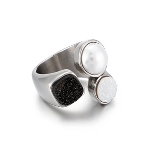 Minimalist silver-tone titanium steel open ring featuring a pearl and black stone inlay