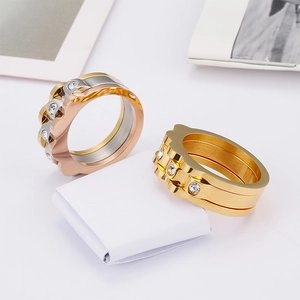 Three-tone wide stainless steel gear rings with inlaid white zircons for women