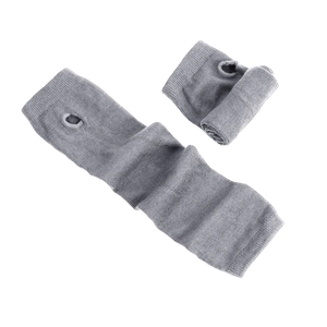 Detail view of grey knitted arm sleeves with thumb holes for outdoor sun protection