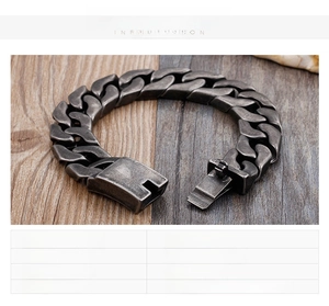 Macro shot of vintage black stainless steel Cuban chain bracelet for men weighing 117g