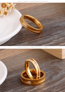 Detailed macro view of gold plated matte stainless steel ring with a single zircon stone