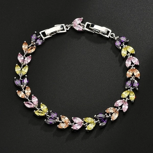 Luxury Copper Alloy Zirconia Wheat Ear Link Bracelet For Women White Gold Plated Sparkling Marquise Cut Gemstone Fashion Ethnic Jewelry