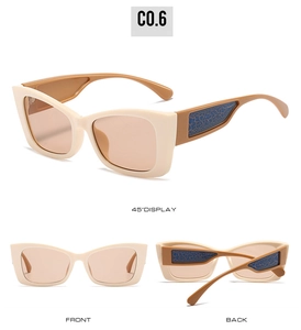 Detailed views of cream cat-eye sunglasses with wide blue crackle pattern temples