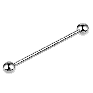 Polished silver industrial barbell earring detail showing smooth metallic finish on white