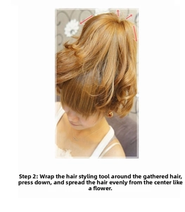 Detail guide showing how to wrap hair around the donut bun maker for a floral hair style