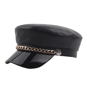 Classic black PU leather newsboy cap for women featuring a gold metal chain and button