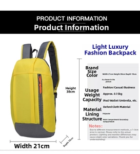 Detailed size specifications for the lightweight Oxford fabric backpack with 38cm height