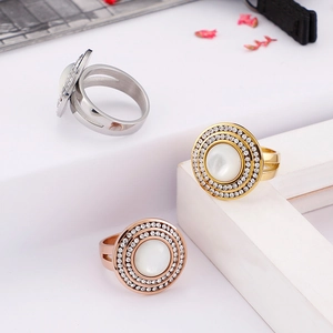 Fashionable stainless steel double circle ring with mother of pearl and zircon stones