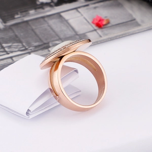 Rose gold stainless steel double band ring with round cat eye stone and pavé rhinestones