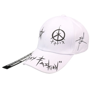 White baseball cap with black graffiti stars, fashion lettering and long side strap