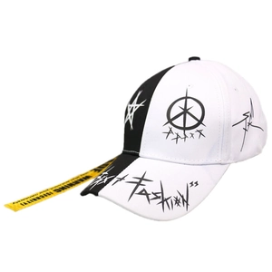 Graffiti star baseball cap in black and white with a long yellow warning strap
