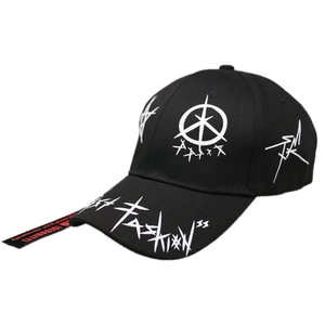 Black street style baseball cap with graffiti stars and long decorative strap