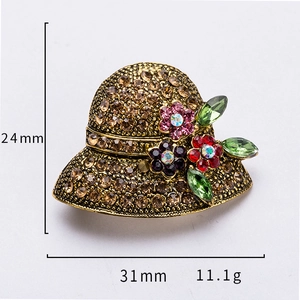 Vintage gold straw hat brooch with colorful crystals and detailed dimensions 31x24mm