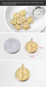 Detail view of gold evil eye coin pendant measuring 15mm by 19mm for jewelry making