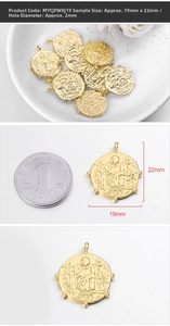 Macro view of vintage gold coin charms for DIY jewelry with dimensions of 19mm by 22mm