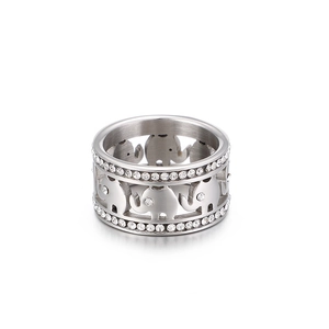 Double-row crystal hollow elephant stainless steel wide band ring in silver tone