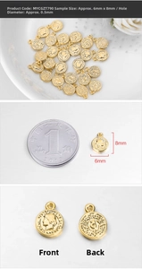 Macro detail of 6x8mm coin charm with portrait relief and sunburst pattern on back