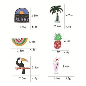 Set of 6 cartoon enamel pins with sunset, rainbow and pineapple icons and dimensions